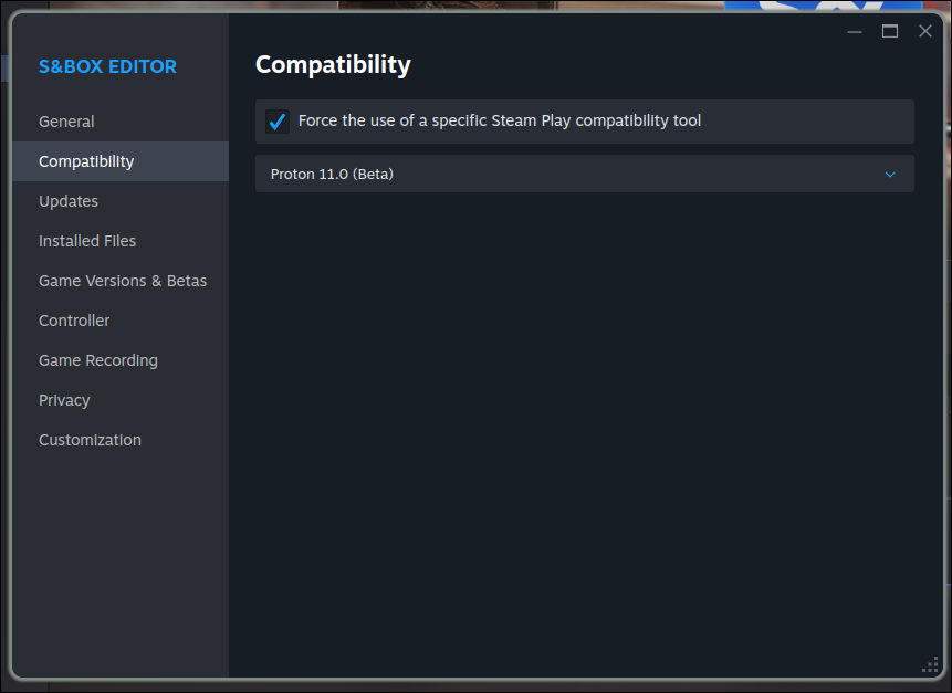 [Screenshot of s&box editor’s Steam compatibility window with Proton 11 selected]