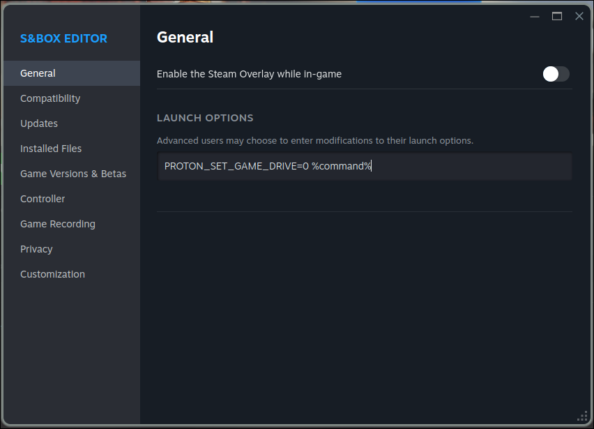 [Screenshot of s&box editor’s general window with recommended launch options]