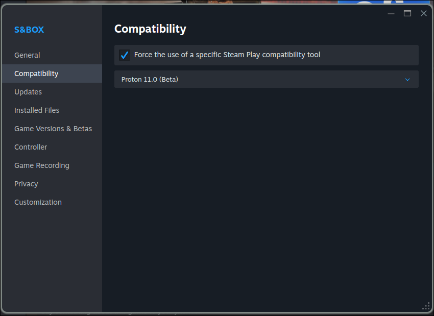 [Screenshot of s&box’s Steam compatibility window with Proton 11 selected]